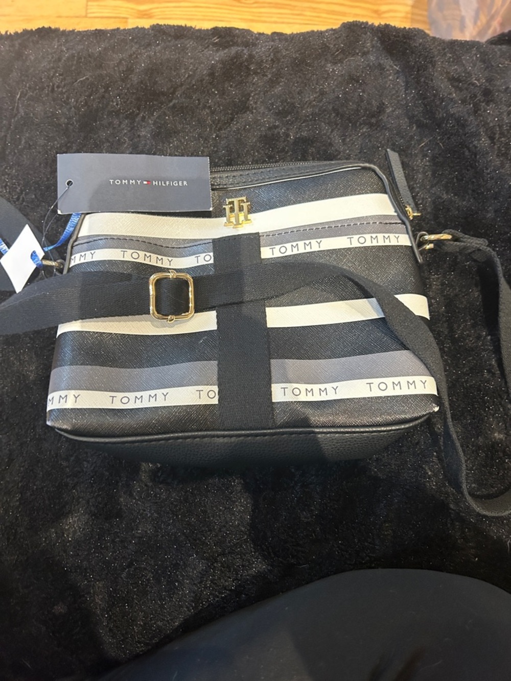 Tommy Hilfiger Black and White Striped Shoulder Bag